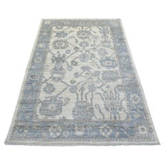 4'1"x6'1" Ivory Angora Oushak Soft Colors Leaf Design Hand Knotted Wool Rug
