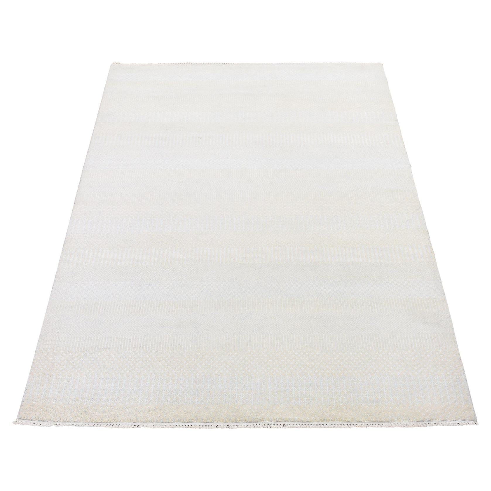 4'1"x6'1" Ivory, Modern, Hand Knotted, Densely Woven, Wool and Silk, Rug