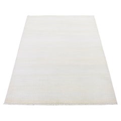 4'1"x6'1" Ivory, Modern, Hand Knotted, Densely Woven, Wool and Silk, Rug