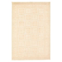 4'1"x6'1" Ivory Washed Out Peshawar with Khotan Design Hand Knotted Wool Rug