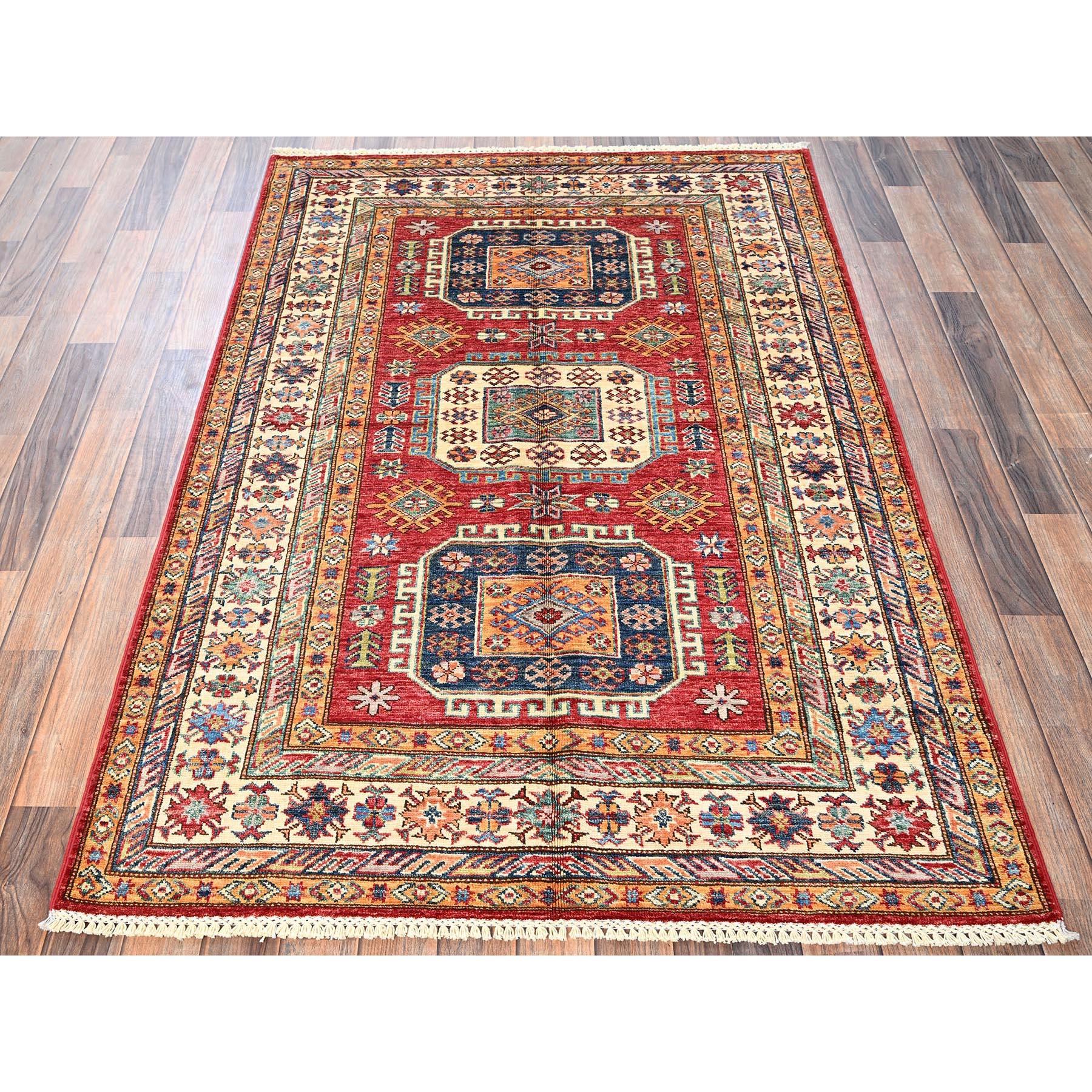 Chili Red, Afghan Super Kazak with Geometric Medallions Design, Hand Knotted, Pure Wool, Vegetable Dyes, Oriental Rug
Primary materials: Wool
Latex: No Pile 
height: 0.25 Inches
Style: Traditional
Primary color: Red
Secondary colors: Midnight Blue,