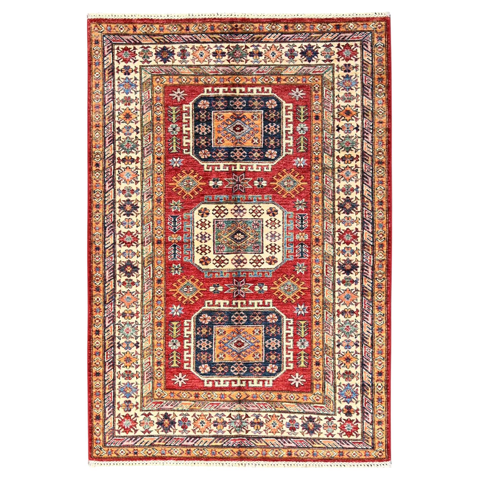 4
1"x6
1" Red Afghan Super Kazak Medallions Design Hand Knotted Pure Wool Rug