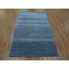 4'1"x6'1" Teal Blue, Wool and Silk Hand Knotted, Modern Grass Design Rug