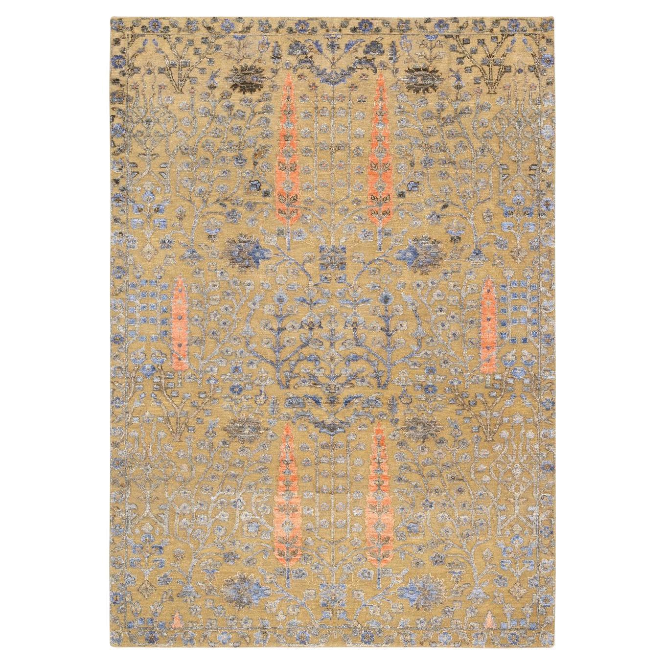 4'1"x6'2" Almond Brown, Hand Knotted Cypress Tree Design, Silk With Wool Rug