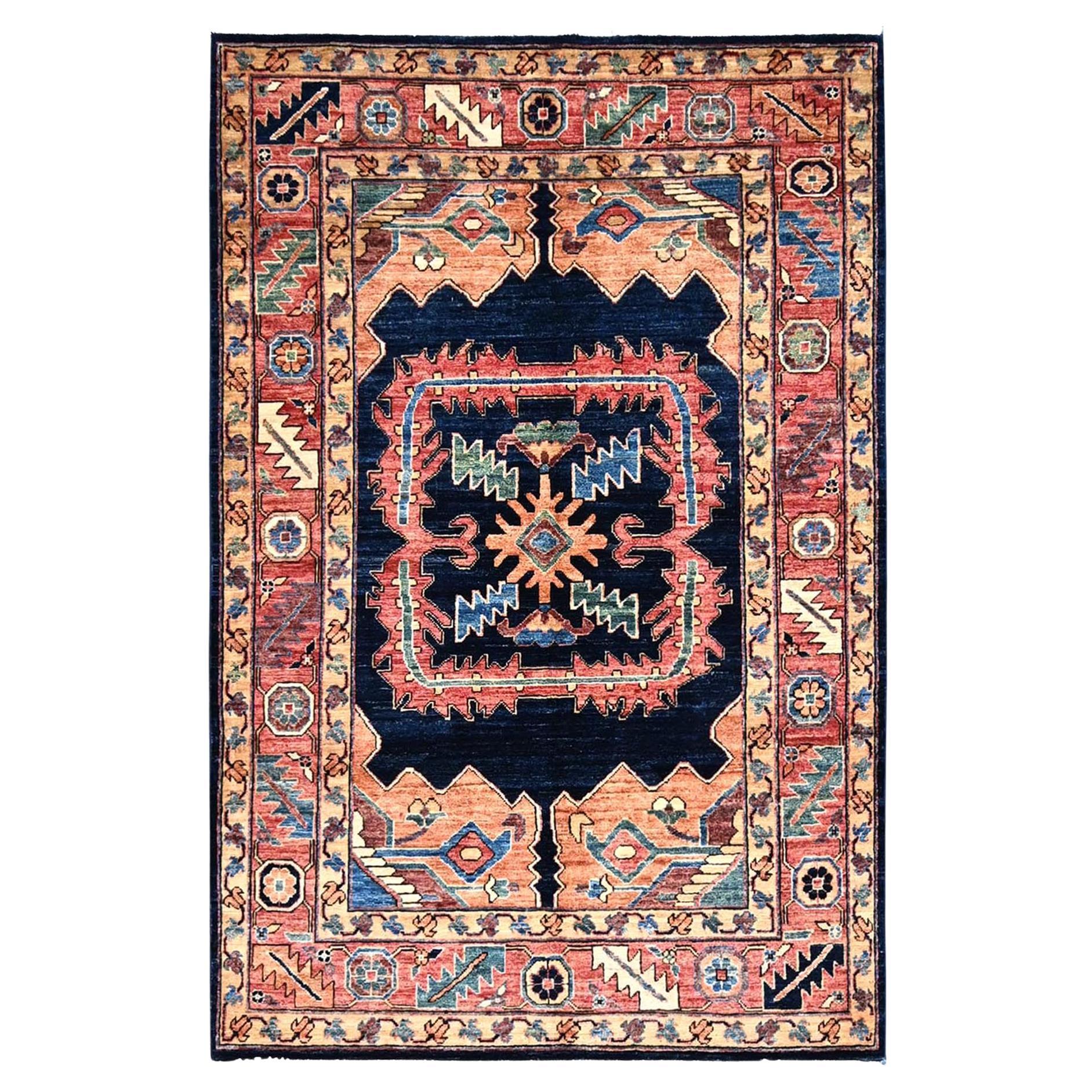 4'1"x6'2" Broncos Blue Heriz Vegetable Dyes Design Extra Soft Wool Oriental Rug For Sale
