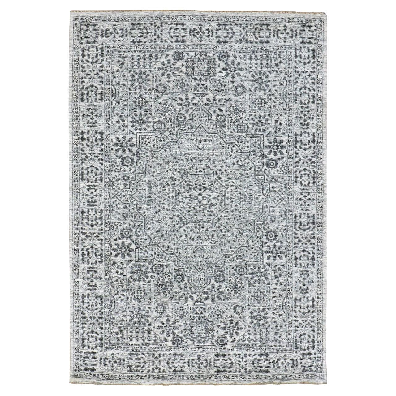 4'1"x6'2" kaskadenförmiger handgeknüpfter Teppich in weißem Mamluk-Design in Tone auf Tone aus reiner Wolle