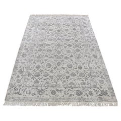 4'1"x6'2" Ivory Broken Erased Tabriz design Wool and Silk Hand Knotted Rug