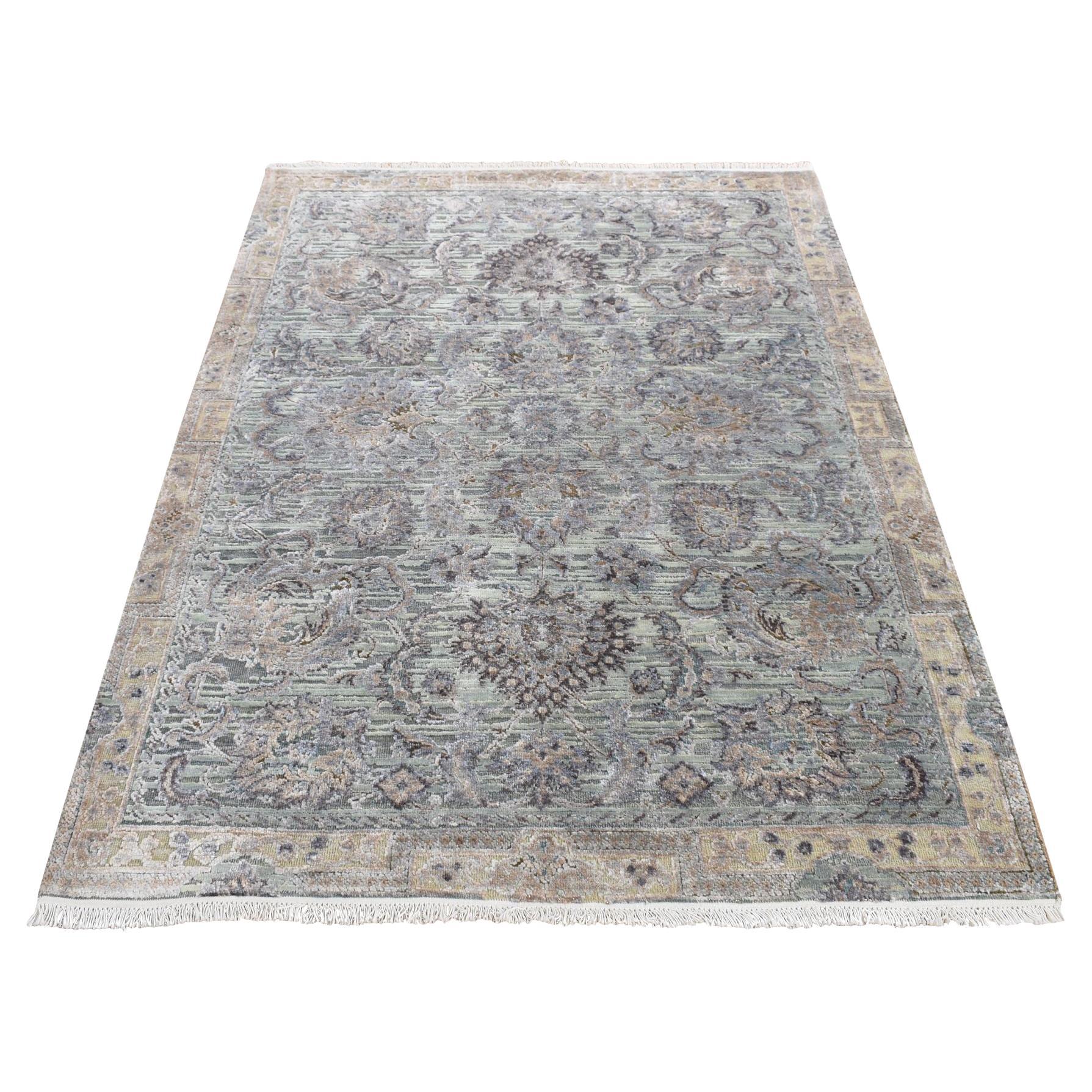 4'1 "x6'2" Laurel Grün Seide & Wolle Mughal Design Hand geknüpft Orientalischer Teppich