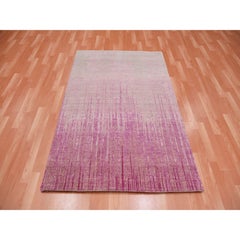 4'1"x6'2" Natural Wool Pink Vertical Ombre Design Hand Knotted Oriental Rug