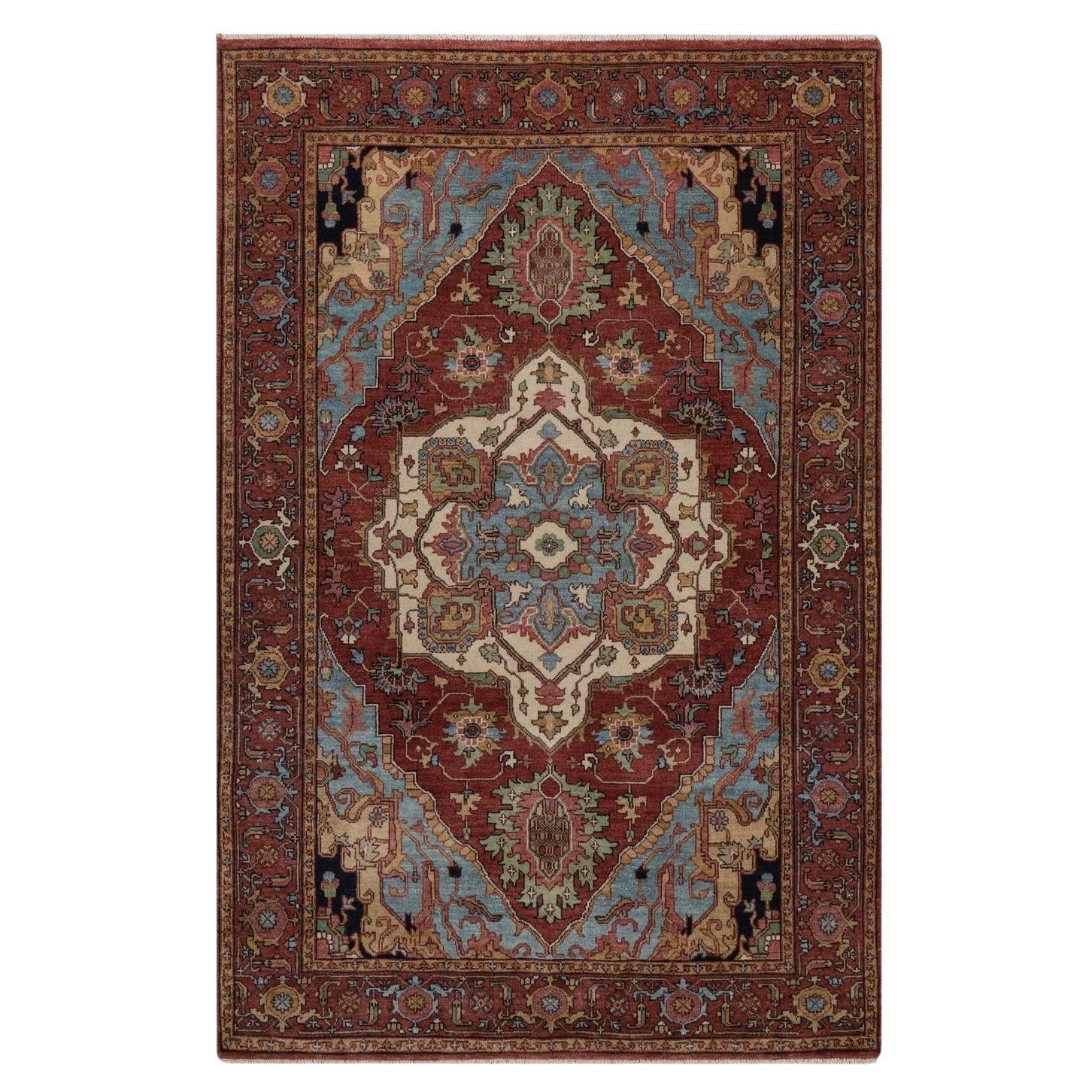 4'1"x6'2" Red Antiqued Fine Heriz Re-Creation All Wool Hand Knotted Oriental Rug