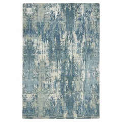 4'1"x6'2" Teal Blue Hand Knotted Abstract Design Denser Weave Wool and Silk Rug