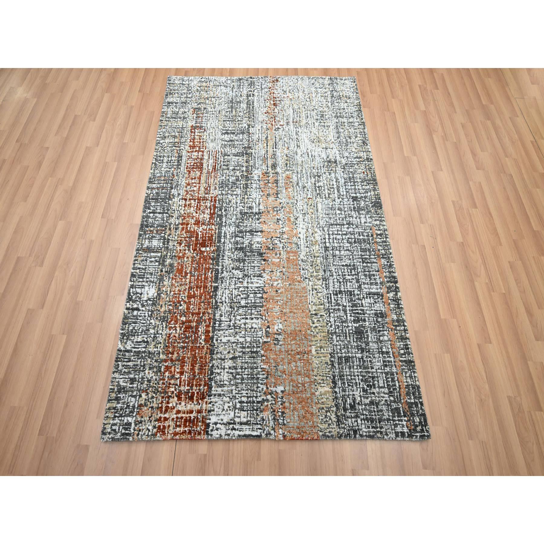 Charcoal Gray with Rust, Densely Woven, Hand Knotted, Abstract with Galaxy Design, Persian Knot, Pure Wool, Oriental Rug
Primary materials: Wool
Latex: No Pile 
height: 0.25 Inches
Style: Contemporary
Primary color: Grey
Secondary colors: Rust,