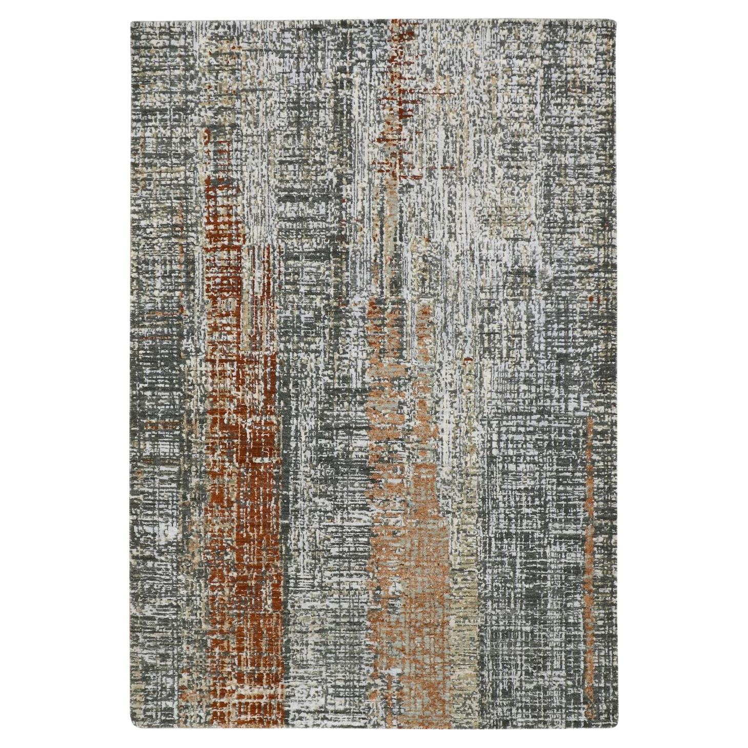 4'1"x6'3" Gray with Rust Persian Knot Abstract Design Hand Knotted Pure Wool Rug For Sale