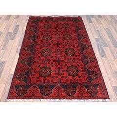 4'1"x6'3" Red Afghan Andkhoy Wool Hand Knotted Oriental Rug