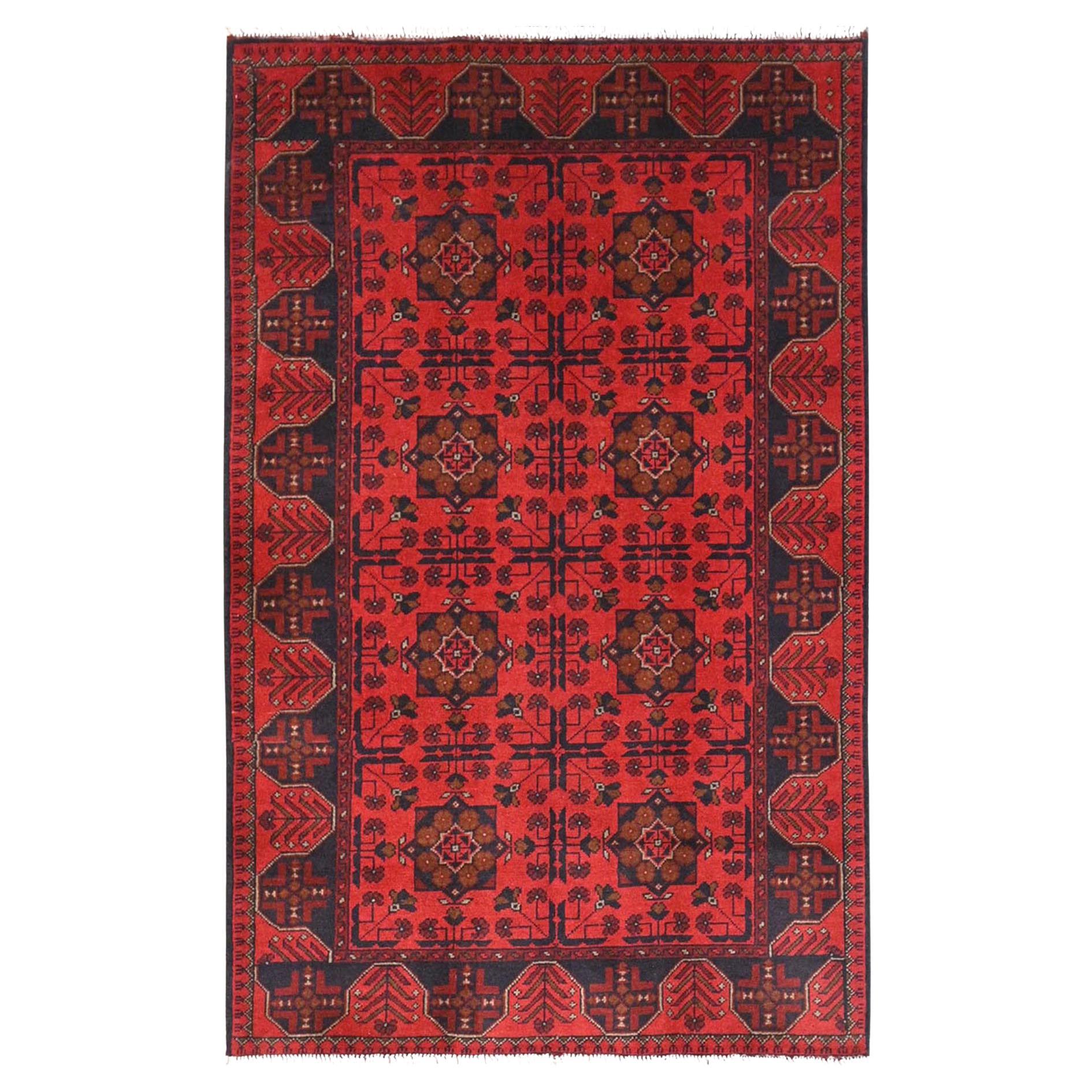 4'1"x6'3" Red Afghan Andkhoy Wool Hand Knotted Oriental Rug