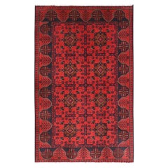 4'1"x6'3" Red Afghan Andkhoy Wool Hand Knotted Oriental Rug