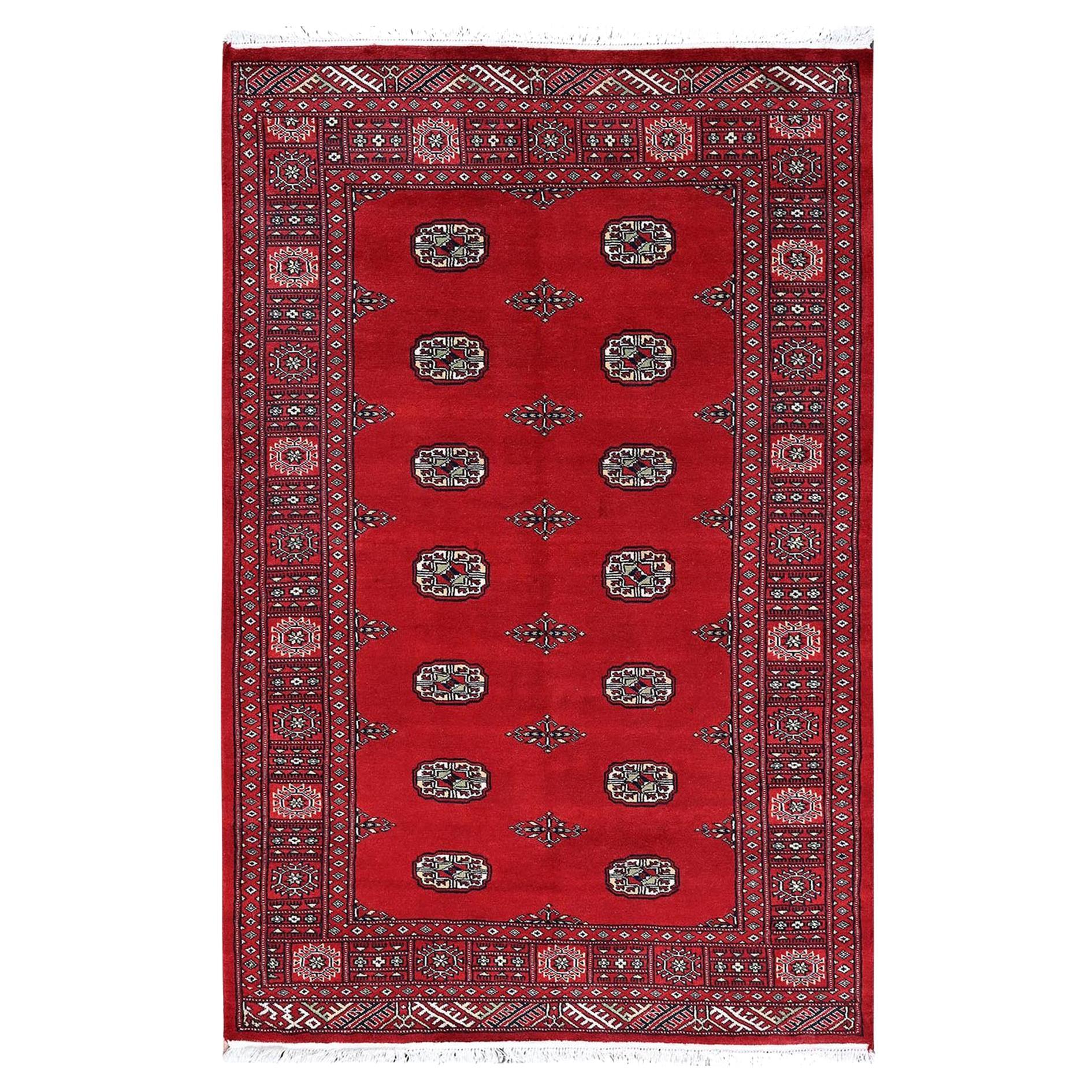 4'1"x6'3" Red Princess Bokara with Tribal Medallions Soft Wool Hand Knotted Rug