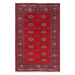 4'1"x6'3" Red Princess Bokara with Tribal Medallions Soft Wool Hand Knotted Rug