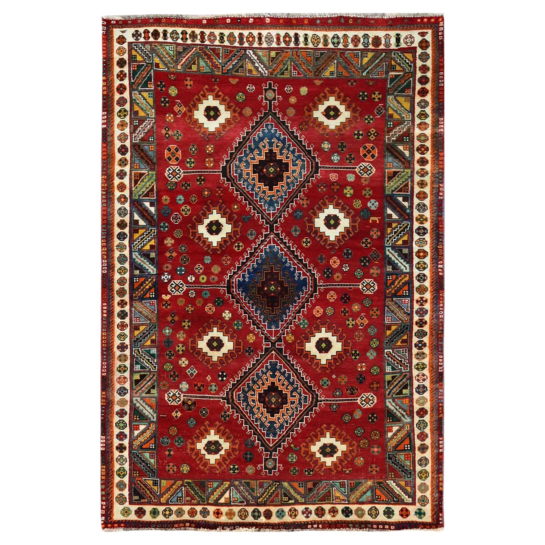 4'1 "x6'6" Scharlachrot Vintage Persisch Shiraz Handgeknüpft Reine Wolle Orientteppich