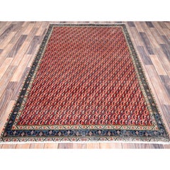 Tapis oriental de 4'1" x 6'7", rouge, de style vintage et usé, noué à la main en pure laine