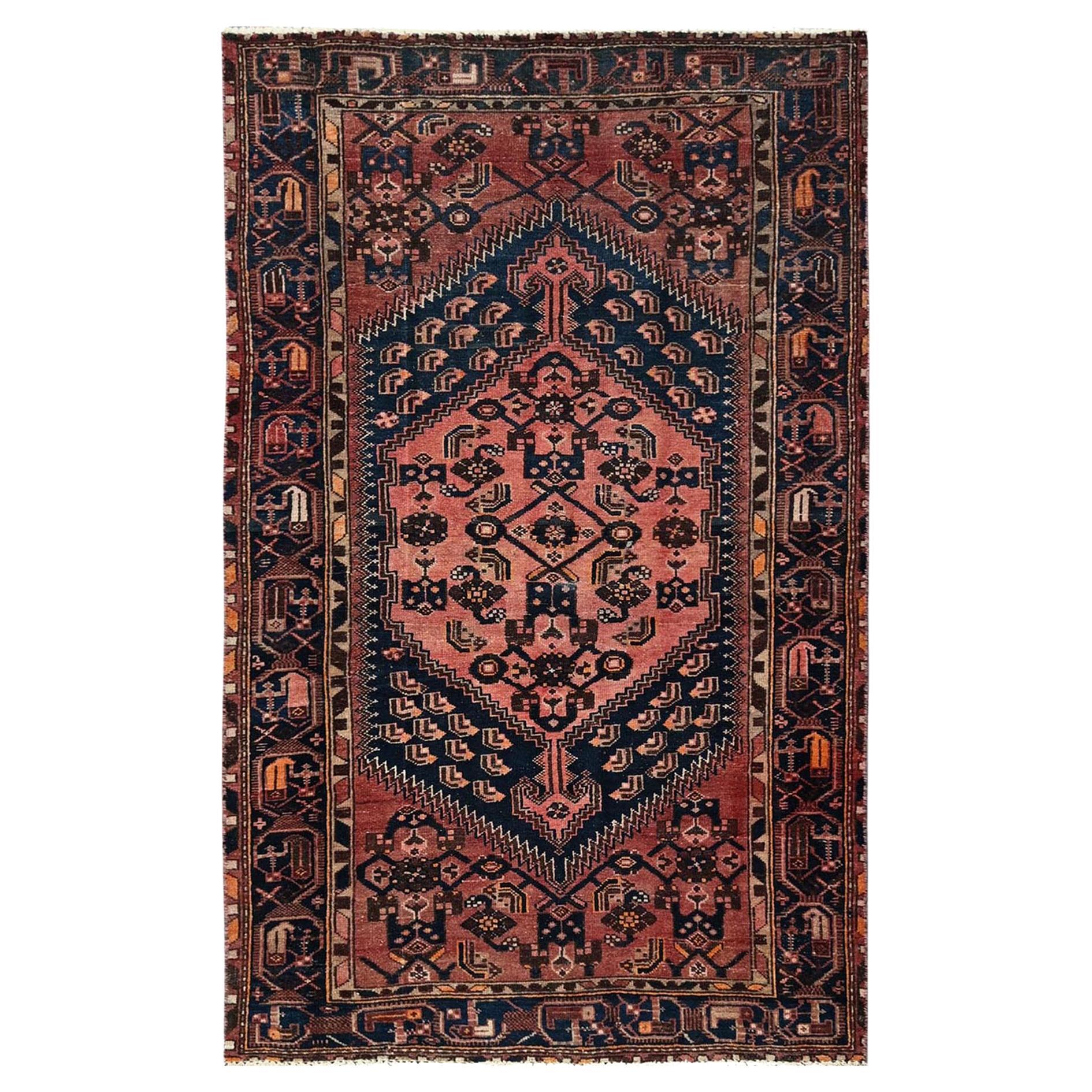 4'1"x6'9" Blush Red Vintage Persischer Hamadan Handgeknüpfter orientalischer Teppich aus reiner Wolle, Vintage