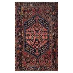 4'1"x6'9" Blush Red Vintage Persian Hamadan Hand Knotted Pure Wool Oriental Rug