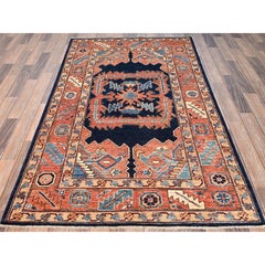 4'1x6'9" Alfombra de Lana Anudada a Mano Serapi Heriz Naranja con Diseño de Medallón Grande