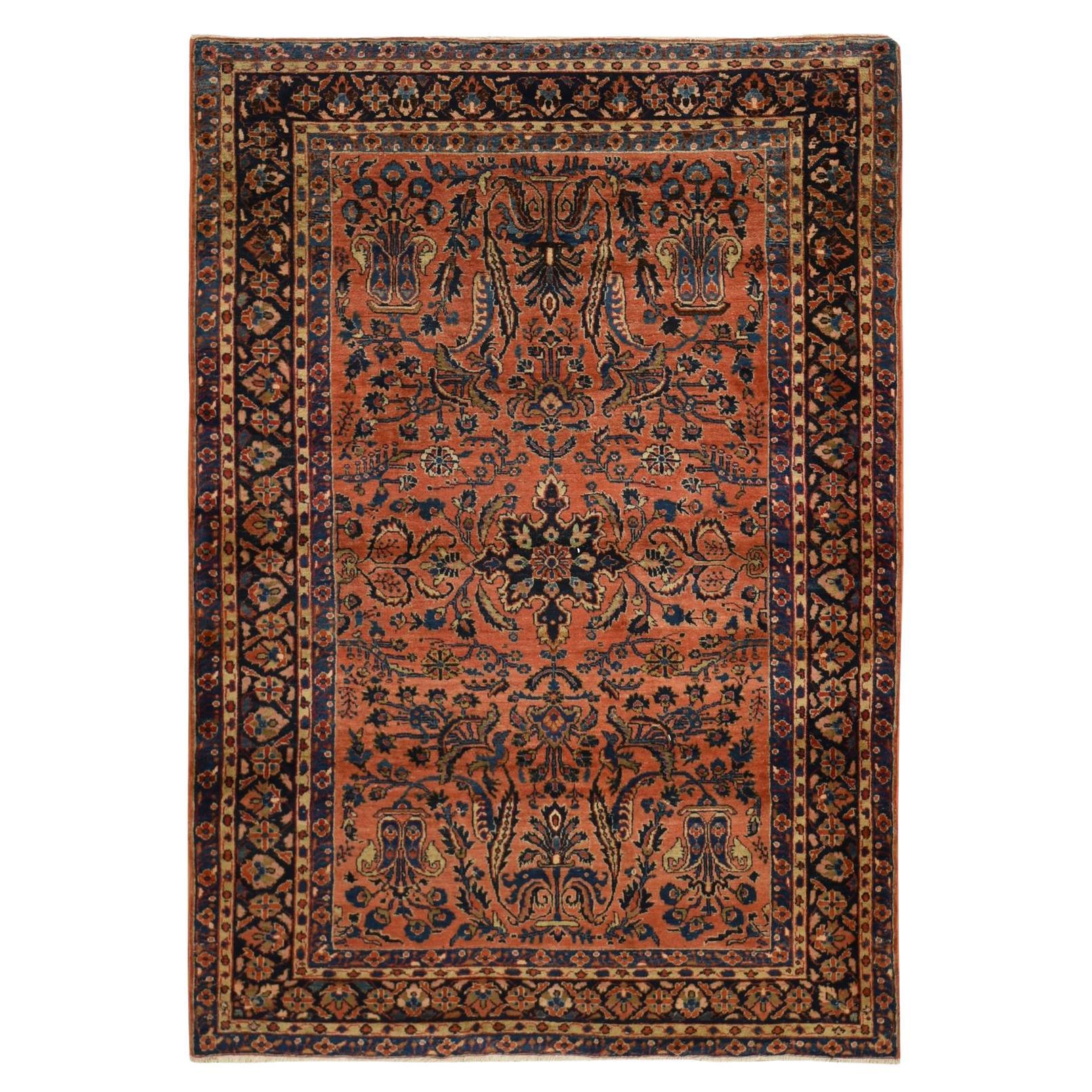 4'1"x7' Cinnabar Red Hand Knotted Wool Antique Sarouk Clean Soft Oriental Rug