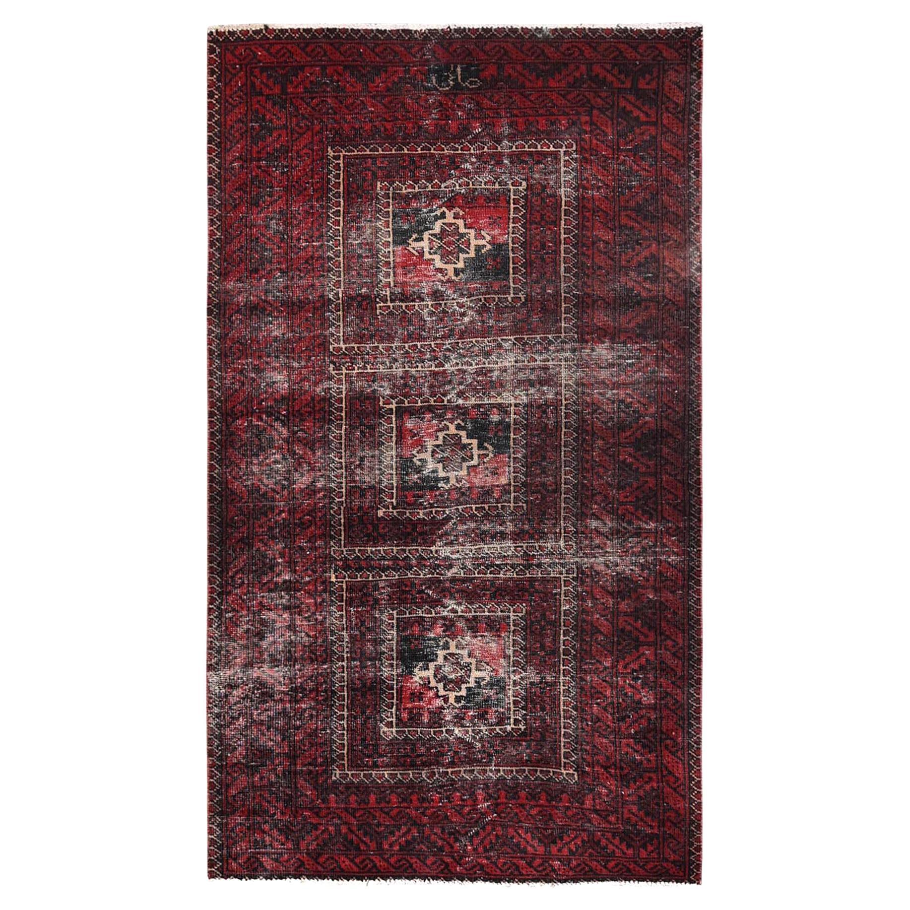 4
1"x7
1" Red Erased and Worn Out Vintage Persian Baluch Hand Knotted Wool Rug For Sale