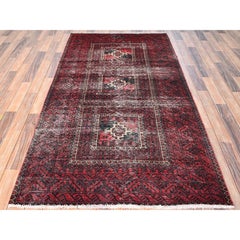 4'1"x7'1" Red Erased & Worn Out Vintage Zoroastrian Baluch Hand Knotted Wool Rug