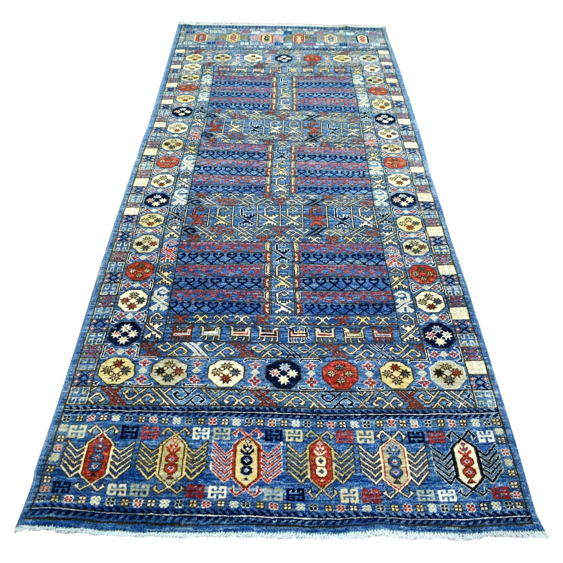 4'1"x9'10" Denim Blue, Hand Knotted Afghan Ersari Soft Wool Wide Runner Rug