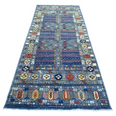 4'1"x9'10" Denim Blue, Hand Knotted Afghan Ersari Soft Wool Wide Runner Rug