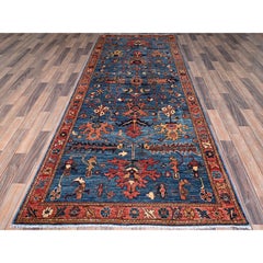 4'1"x9'10" Imperial Blue Heriz All Over Design Hand Knotted Soft Wool Runner Rug
