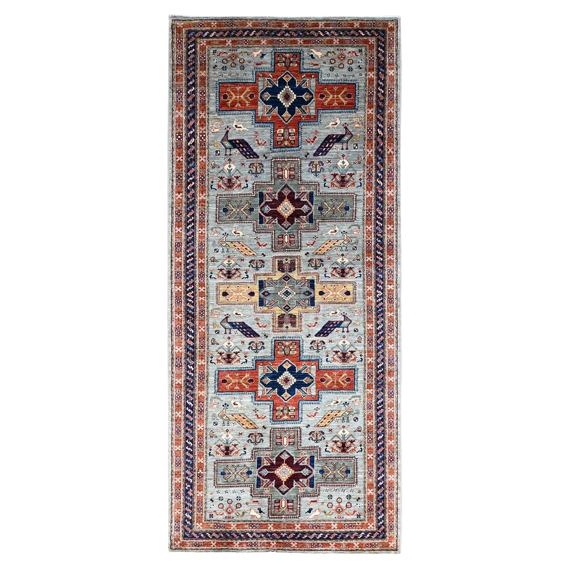 4'1"x9'10" Misty Gray Pure Wool Armenian Inspired Caucasian Design Oriental Rug