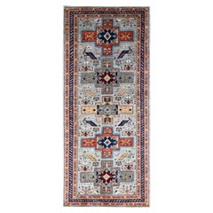 4'1"x9'10" Misty Gray Pure Wool Armenian Inspired Caucasian Design Oriental Rug