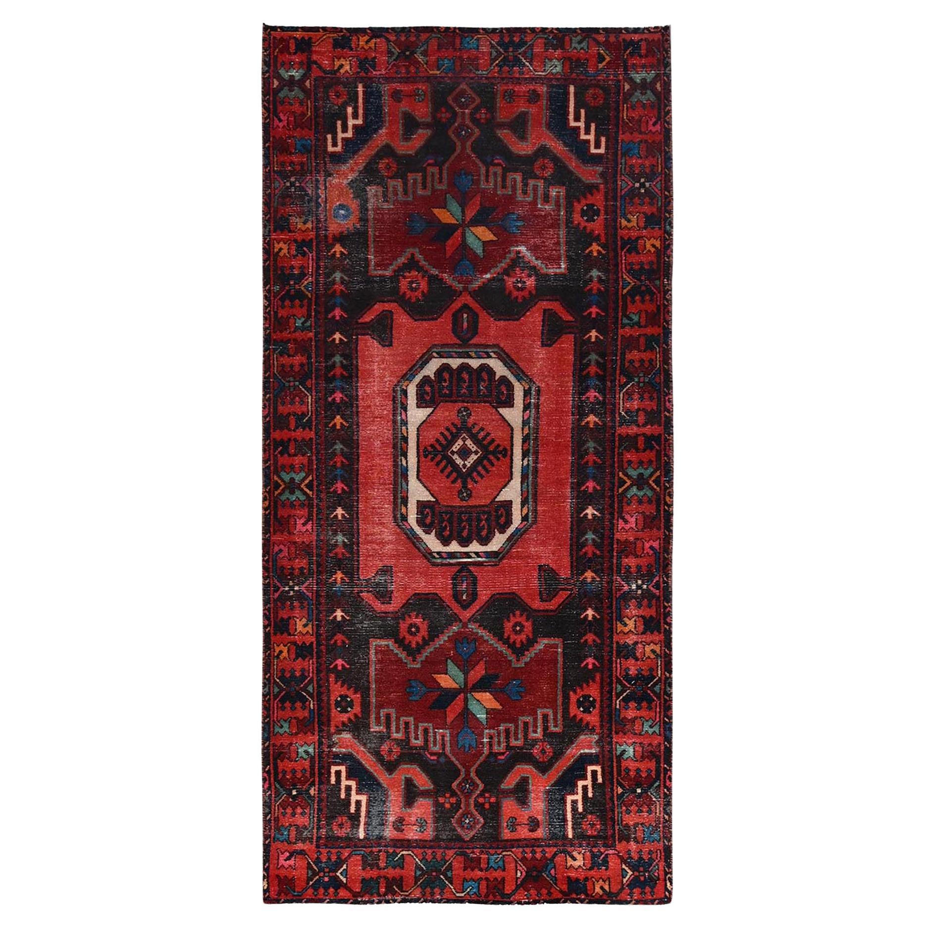 4'1"x9'10" Tractor Red Hand Knotted Vintage Hamadan Velvety Wool Oriental Rug