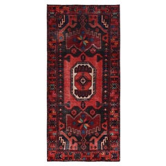 4'1"x9'10" Tractor Red Hand Knotted Vintage Hamadan Velvety Wool Oriental Rug