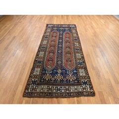 4'1"x9'3" Yale Blue Antique Caucasian Kazak Wide Runner Hand Knotted Wool Rug