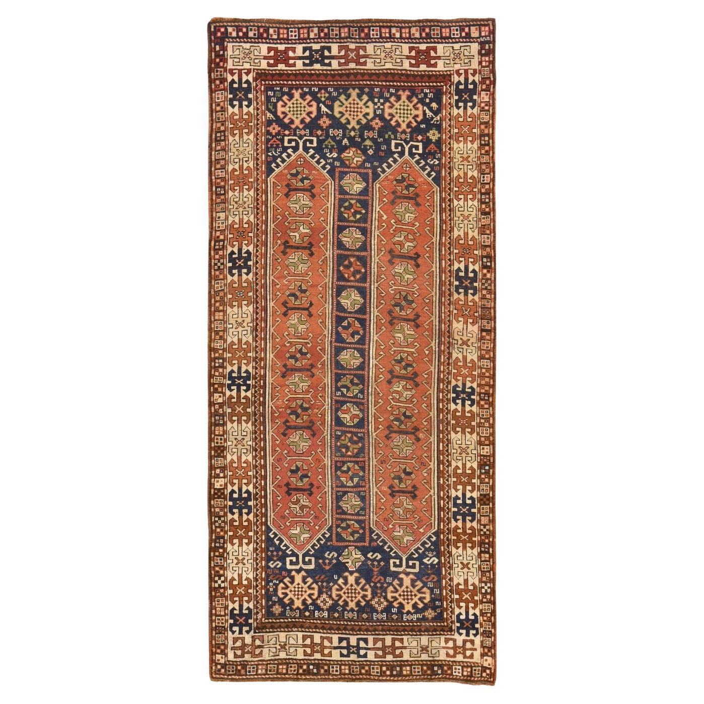 4'1"x9'3" Yale Blue Antique Caucasian Kazak Wide Runner Hand Knotted Wool Rug