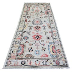 4'1 "x9'6" Cloud Gray Afghan Angora Oushak Leaf Design Hand Knotsted Pure Wool Rug