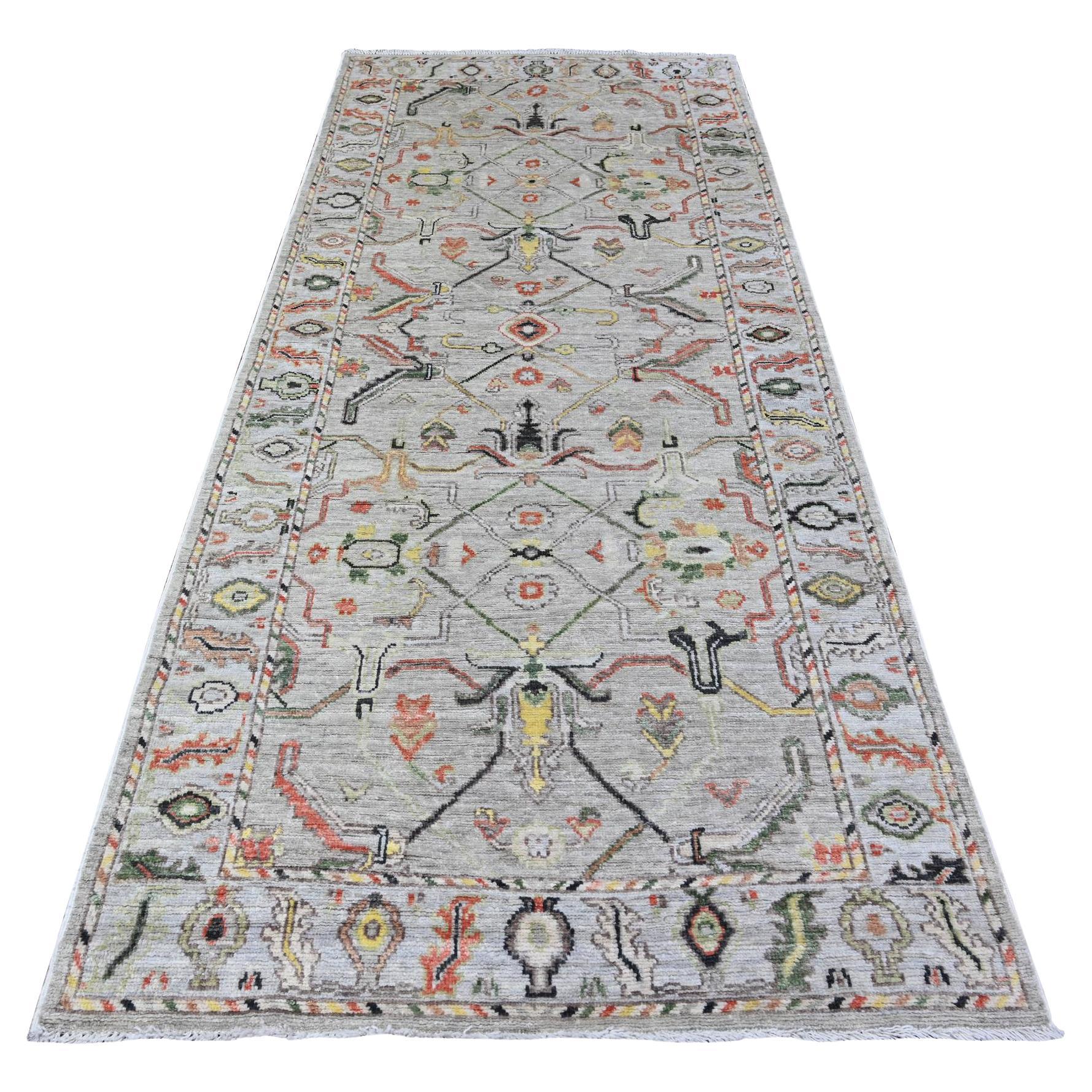 4'1 "x9'6" Gris Anudada a Mano Oushak Motivos Coloridos Lana Alfombra Oriental Ancha