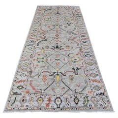 4'1 "x9'6" Gris Anudada a Mano Oushak Motivos Coloridos Lana Alfombra Oriental Ancha