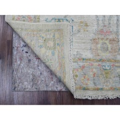 4'1"x9'6" White Afghan Angora Oushak Leaf Design Hand Knotted Wool Runner Rug