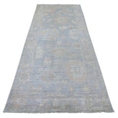 4'1"x9'8" Beau Blue Wool Afghan Angora Oushak Hand Knotted Runner Oriental Rug