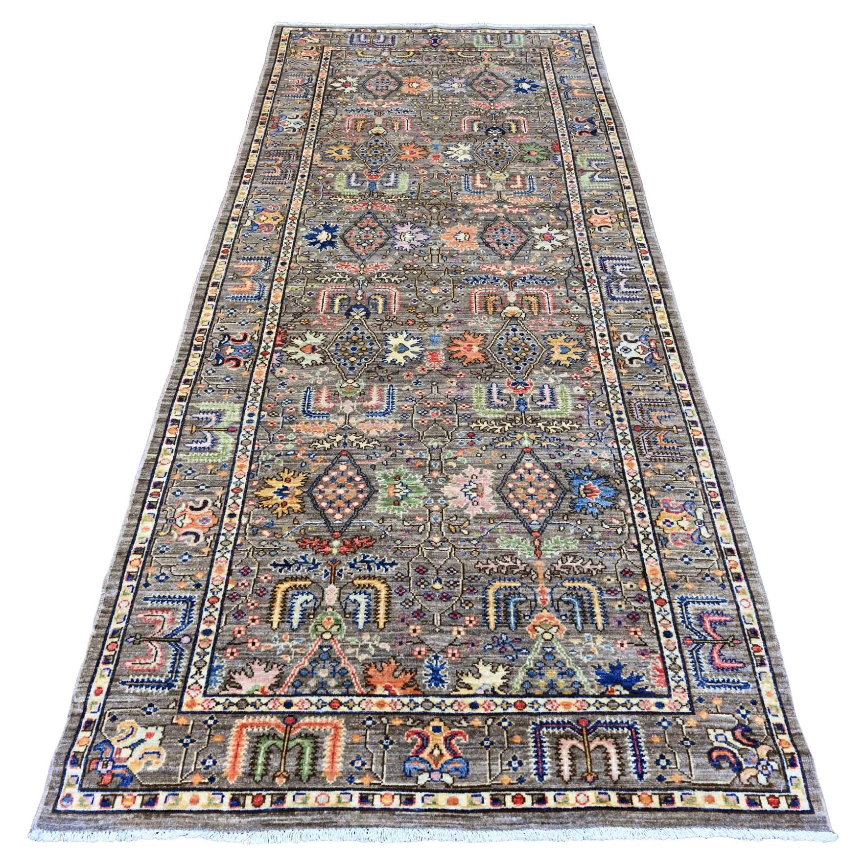4'1 "x9'8" Marrone Aryana Grade Willow Tree Design Tappeto Runner in Lana Annodato a Mano in vendita