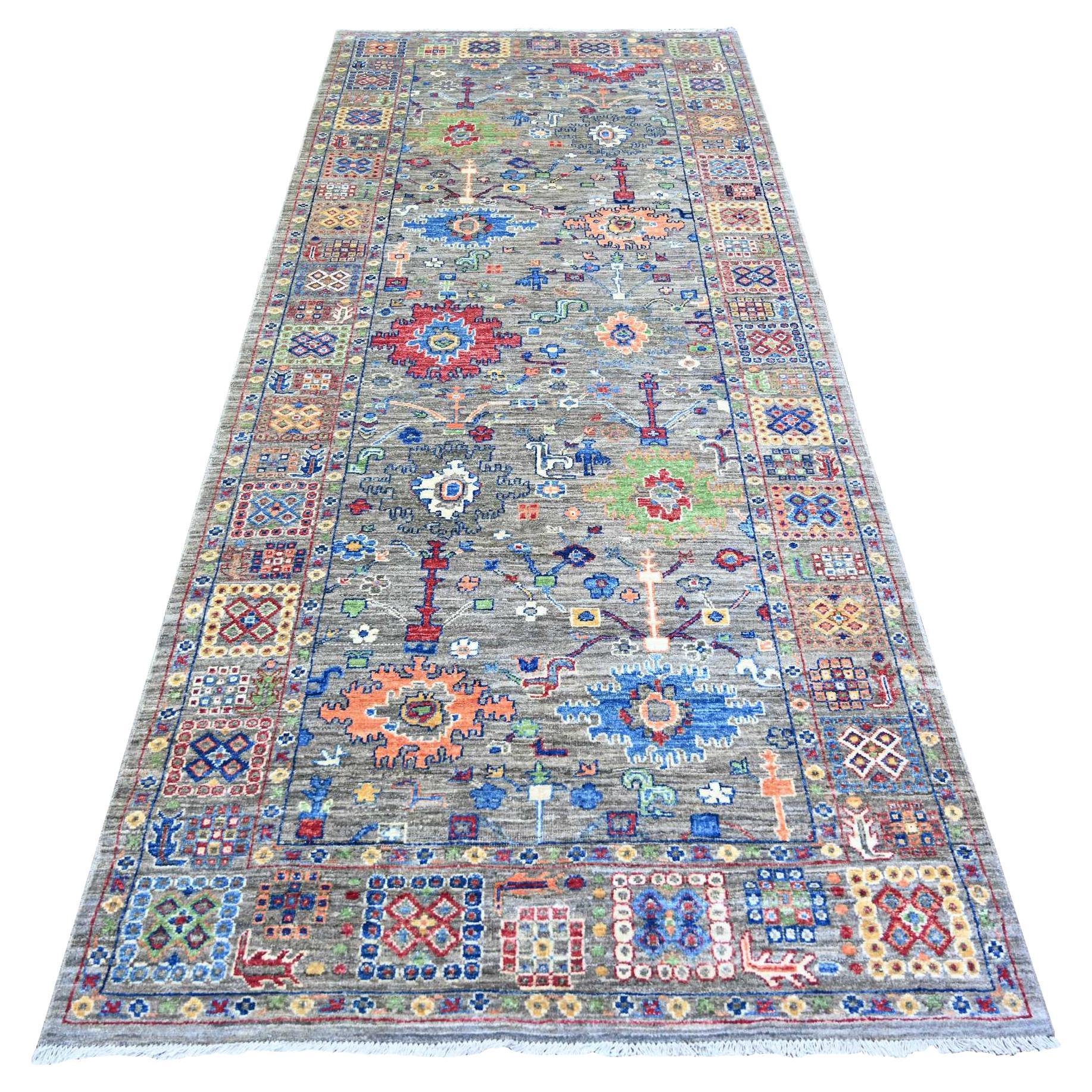 4'1"x9'8" Echo Grauer, farbenfroher Mahal, handgeknüpfter, breiter, farbenfroher Peshawar-Läufer aus Wolle