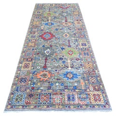 4'1"x9'8" Echo Gray Wool Peshawar - Tapis de course large coloré Mahal noué à la main