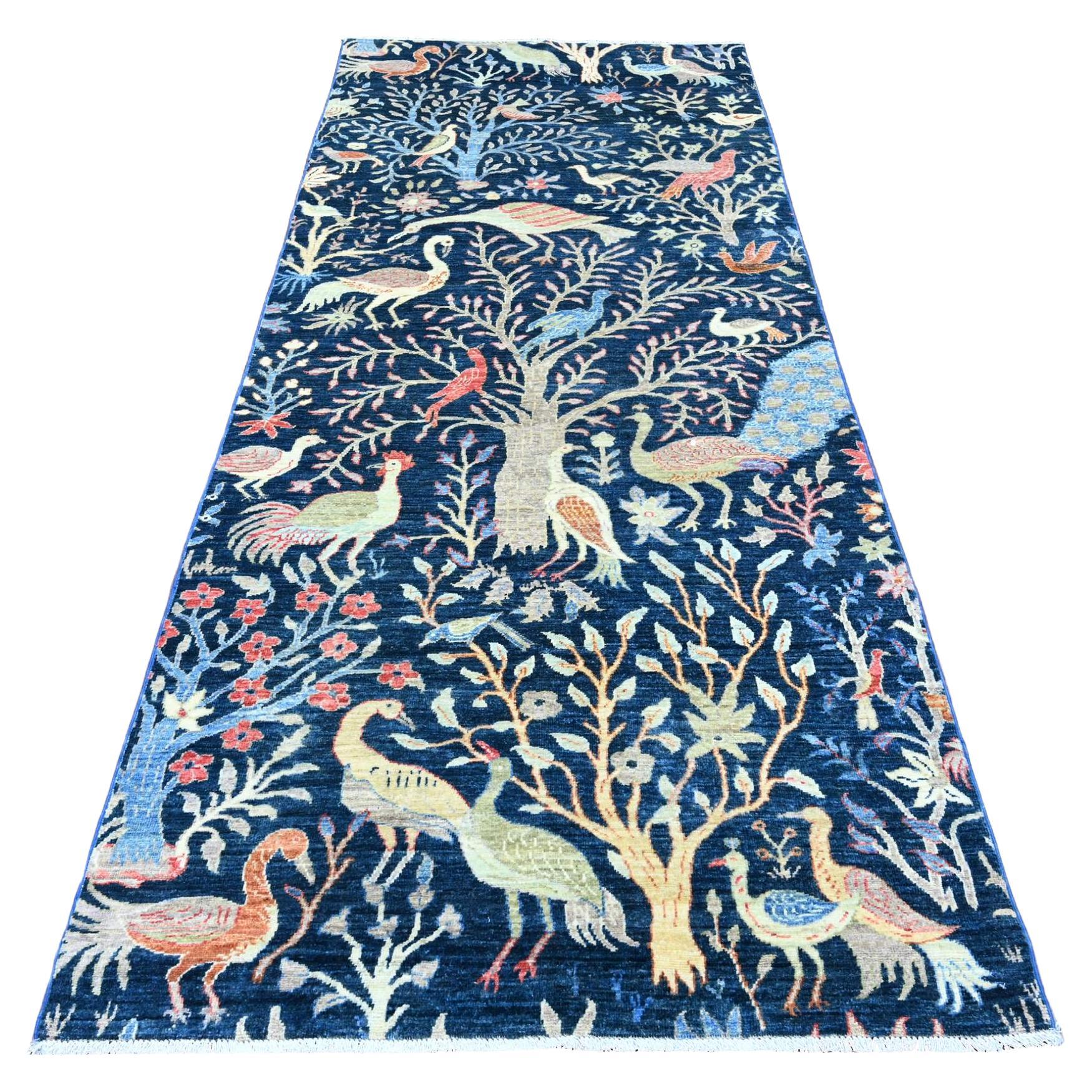 4'1 "x'9'9" Azul Peshawar Alfombra de Lana Anudada a Mano con Diseño de Aves del Paraíso