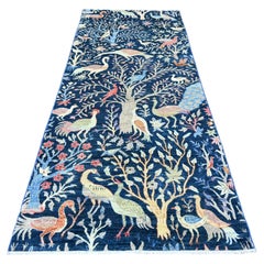 4'1"x'9'9" Blauer handgeknüpfter Peshawar-Läufer aus Wolle mit Paradiesvogeln im Paradise Design