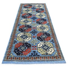 4'1"x9'9" Extra Soft Wool Hand Knotted Blue Afghan Ersari Wide Runner Rug